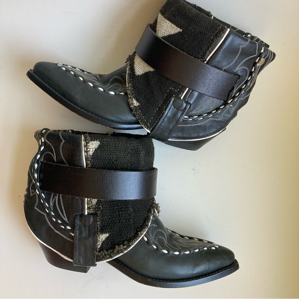 Canty Dan Post Black Leather & Textile Boho Short Ankle Western Cowboy Boots 7.5